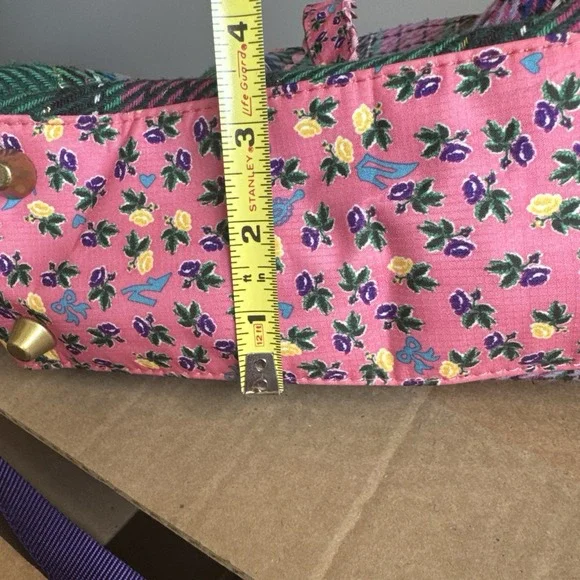 Oilily Pink Green Purple Plaid Floral Embroidered crossbody Satchel Purse - Picture 9 of 16